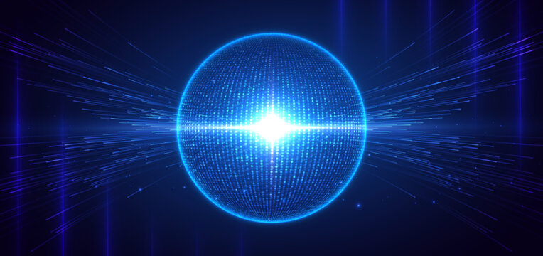 A glowing digital blue sphere with dotted texture and dynamic horizontal light trails