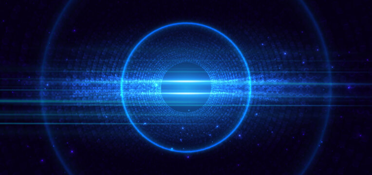 Abstract futuristic background featuring a glowing blue light burst at the center surrounded.