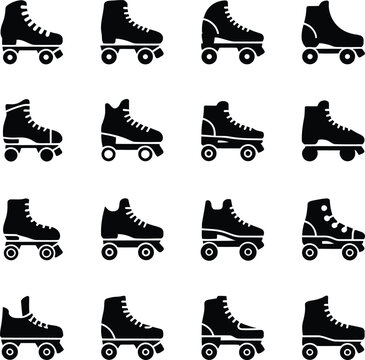 Collection of black silhouette roller skate on white background, roller skates rollerblades