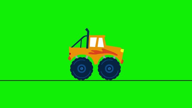 Flat 2D Animation Jeep Custom to Monster Truck Moving On Green Screen - Cartoon Stock Footage