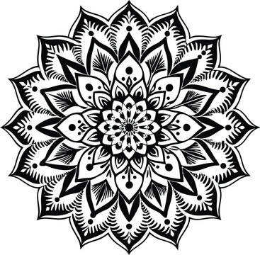 Intricate black and white mandala with floral petal patterns and dots Keywords: mandala