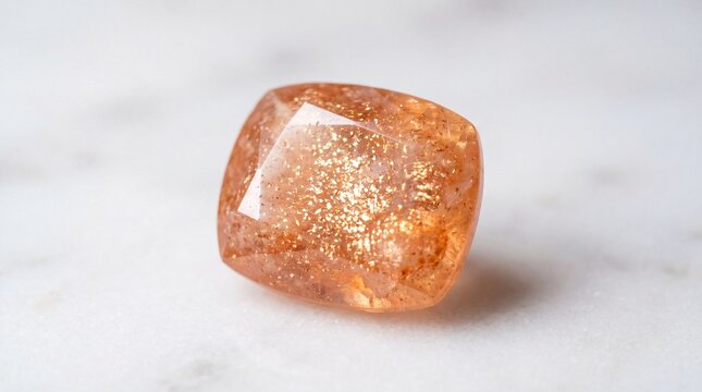 A sparkling cushion cut sunstone gemstone with golden aventurescence resting on white marble.