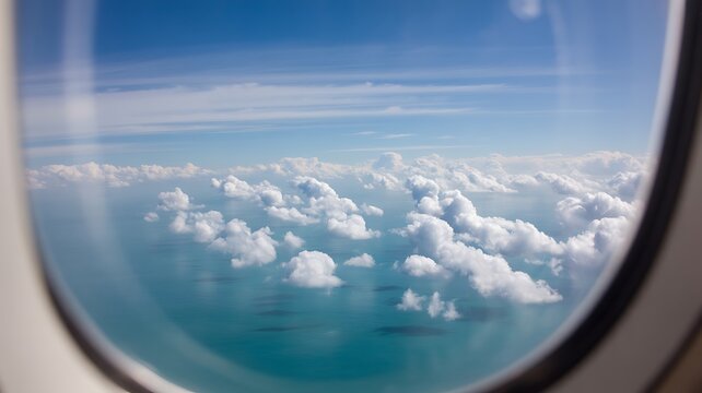 Aerial cloudscape view from airplane window above ocean with blue sky background