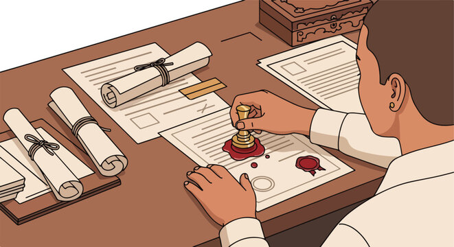 An overhead view of a person sealing official documents with a wax seal on a wooden desk