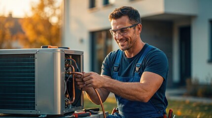 Obraz premium A man is fixing an air conditioning unit in the yard of a house. He is wearing protective glasses and working with tools. The sun is setting and trees are in the background
