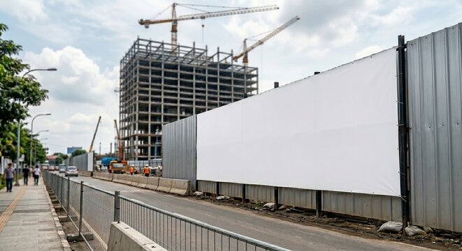 Construction site hoarding mockup with blank white banner, realistic project fence template with tower crane and building framework background