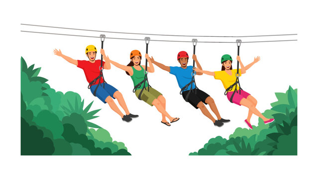 Zip Lining Adventure: Four friends hold hands while zip-lining through a lush, green forest, experiencing an exhilarating adventure and sharing a moment of fun.