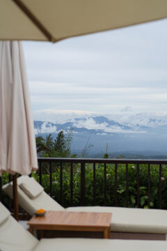 Luxury sun lounger on terrace with mountain view, Munduk, Bali