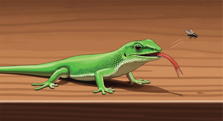 Fototapeta premium Cartoon green lizard on wood planks, mid-strike, catching a fly with its red tongue
