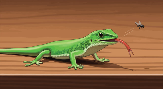 Cartoon green lizard on wood planks, mid-strike, catching a fly with its red tongue
