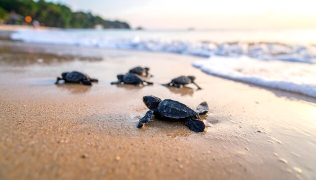 Baby turtles crawl toward ocean waves on sandy beach at sunrise