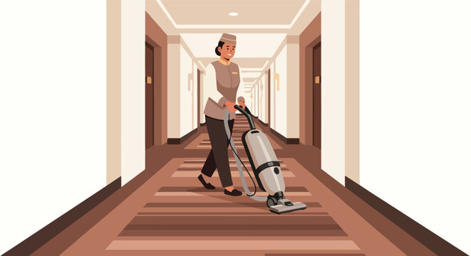 Smiling hotel housekeeper vacuums a patterned carpet in a bright hallway with doors