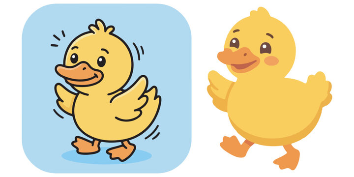 Cute little yellow duckling character in two funny poses.