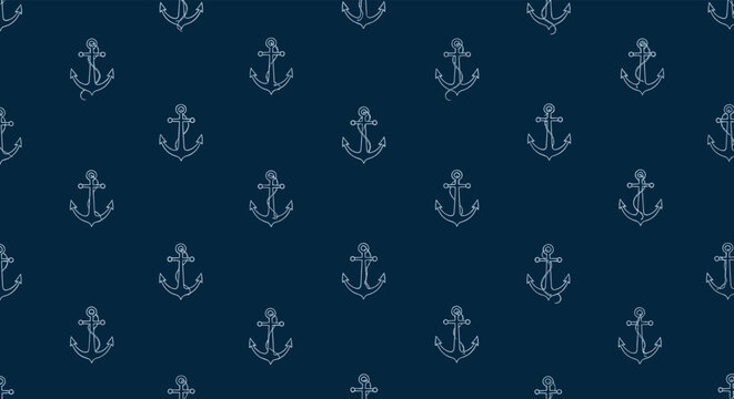 Seamless nautical pattern of white anchor outlines on a dark blue background for sea travel marine life and maritime designs.