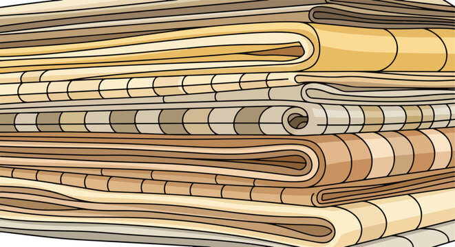 Illustrated stack of warm-toned folded fabrics, blankets, or textiles with outlines