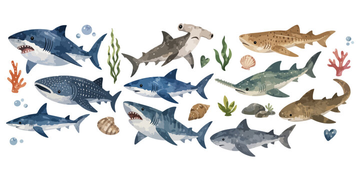 Ocean Sharks and Coral Reef Watercolor Illustration Set