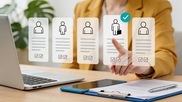 Woman selecting candidate profiles on virtual interface for recruitment process, human resources manager choosing the right employee from list of applicants on desk.