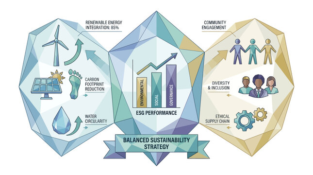 Infographic illustrating a balanced sustainability strategy with ESG performance, focusing on environmental, social, and governance aspects.