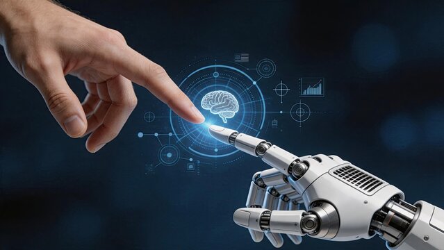 Human finger touching robotic hand finger with holographic brain icon and futuristic data interface elements symbolizing artificial intelligence and machine learning connection.