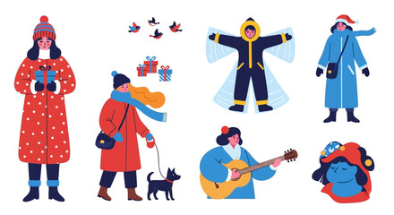 Naklejka premium Winter people, outdoor activities, colorful illustrations, 6 character designs, vector icons