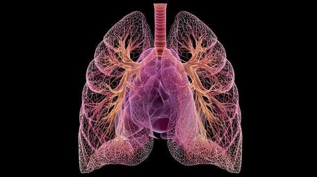 Human Lung Anatomy With Trachea And Bronchi On Black Background For Medical Concepts
