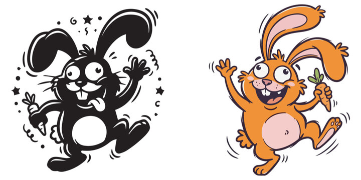 Funny orange rabbit character dancing with tasty carrot.