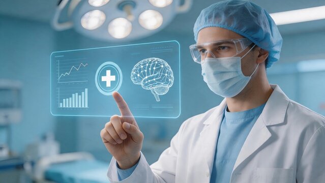 Male doctor surgeon interacting with futuristic medical hologram interface showing brain scan data and charts in operating room representing healthcare technology and advanced