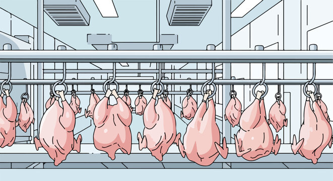 Cartoon illustration of raw plucked chickens on hooks in a poultry processing plant