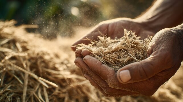 Hands Holding Bagasse in Natural Light, Agricultural Scene