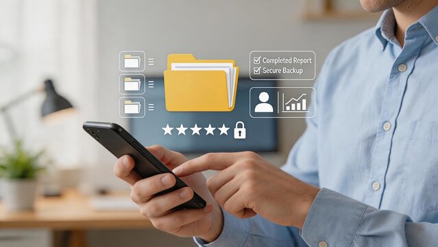 Man managing files and folders on mobile phone, secure backup and completed report concept, digital document organization and productivity tool