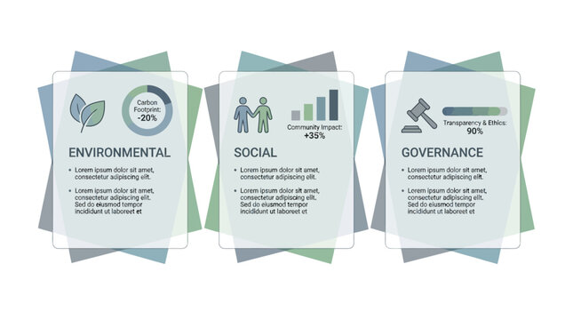 ESG infographic showing environmental, social, and governance factors with icons and data visualizations.