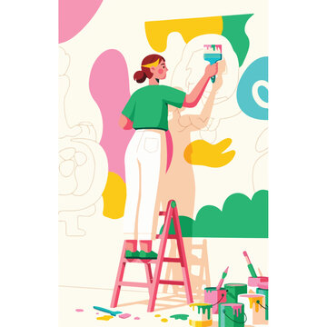 Woman on ladder painting vibrant mural with colorful shapes and paint cans below