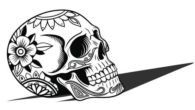 Vector illustration of a decorated sugar skull with floral patterns and a distinct shadow, decoration