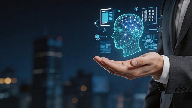 Artificial intelligence concept, businessman hand holding holographic brain with neural network and binary code, futuristic AI technology for machine learning and cognitive