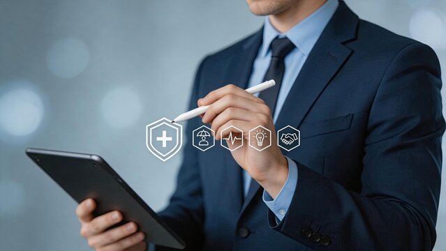 Business professional selecting health insurance options on tablet, icons representing medical care, protection, finance, and partnership for comprehensive employee benefits