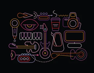 Fototapete Abstraktion Kunst Neon colors line art design isolated on a black background Modern Music Studio vector illustration. Mix of musical instruments and art objects.  ©  danjazzia