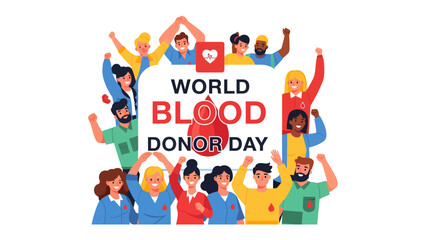 Fototapeta premium Celebration of World Blood Donor Day: A vibrant illustration depicting a diverse group of joyful people celebrating World Blood Donor Day, surrounded by a heart and blood drop motif.