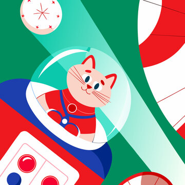 Cosmic cat floating in a zero-gravity fishbowl helmet, bold space pop vector, flat design. 1