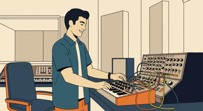 Smiling man operating a modular synthesizer and keyboard in a vibrant music studio
