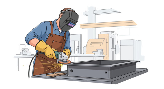 Industrial worker grinds metal with an angle grinder, sparks flying in a workshop