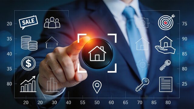 Real estate agent touching holographic house icon on virtual screen, property management, home buying selling, investment, mortgage loan, insurance, smart technology interface