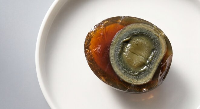 A close-up view of a halved century egg displayed elegantly on a clean white ceramic plate surface.