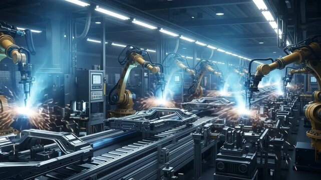 Industrial robot arms welding in high-tech automated factory 4K Ai HD high quality video.