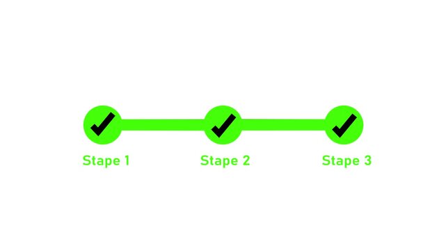 3 black check mark symbol arrow icon with 3 step info graphic process animated on white background.