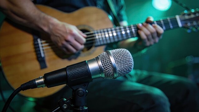 Close up of musician playing acoustic guitar on stage with microphone, live music performance, concert atmosphere, musical instrument detail, singer songwriter performing at night