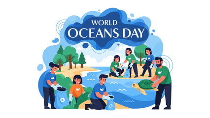 Fototapeta premium World Oceans Day Cleanup: A group of diverse volunteers participate in a beach cleanup event for World Oceans Day, collecting trash and protecting marine life, including a sea turtle.