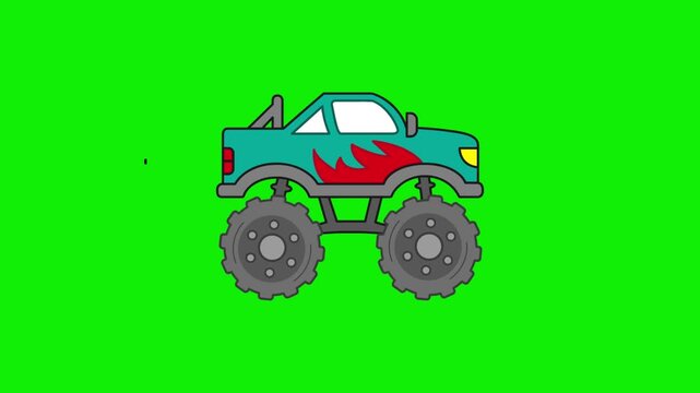 Flat 2D Animation Off Road Car Custom to Monster Truck Moving On Green Screen - Cartoon Stock Footage