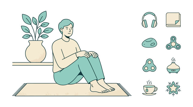 Flat vector illustration of a man sitting on a rug next to icons representing sensory tools like noise-canceling headphones, fidget spinner, essential oil diffuser, and herbal tea.
