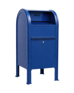 Blue freestanding mailbox isolated on white background, modern metal post box for residential mail delivery and outdoor communication concept