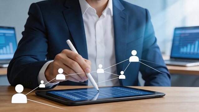 Business professional analyzing digital network and connections on tablet, corporate data visualization, technology strategy planning in modern office environment for management